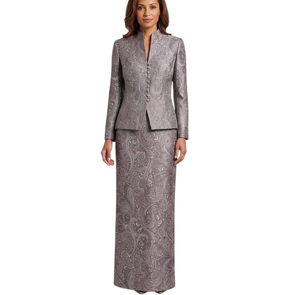 VTG TALBOTS Silk Blend 2 Piece Jacquard Skirt Set Lilac Silver SZ M